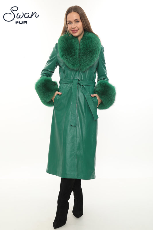 Green Leather Coat with Fox Fur Collar & Cuffs