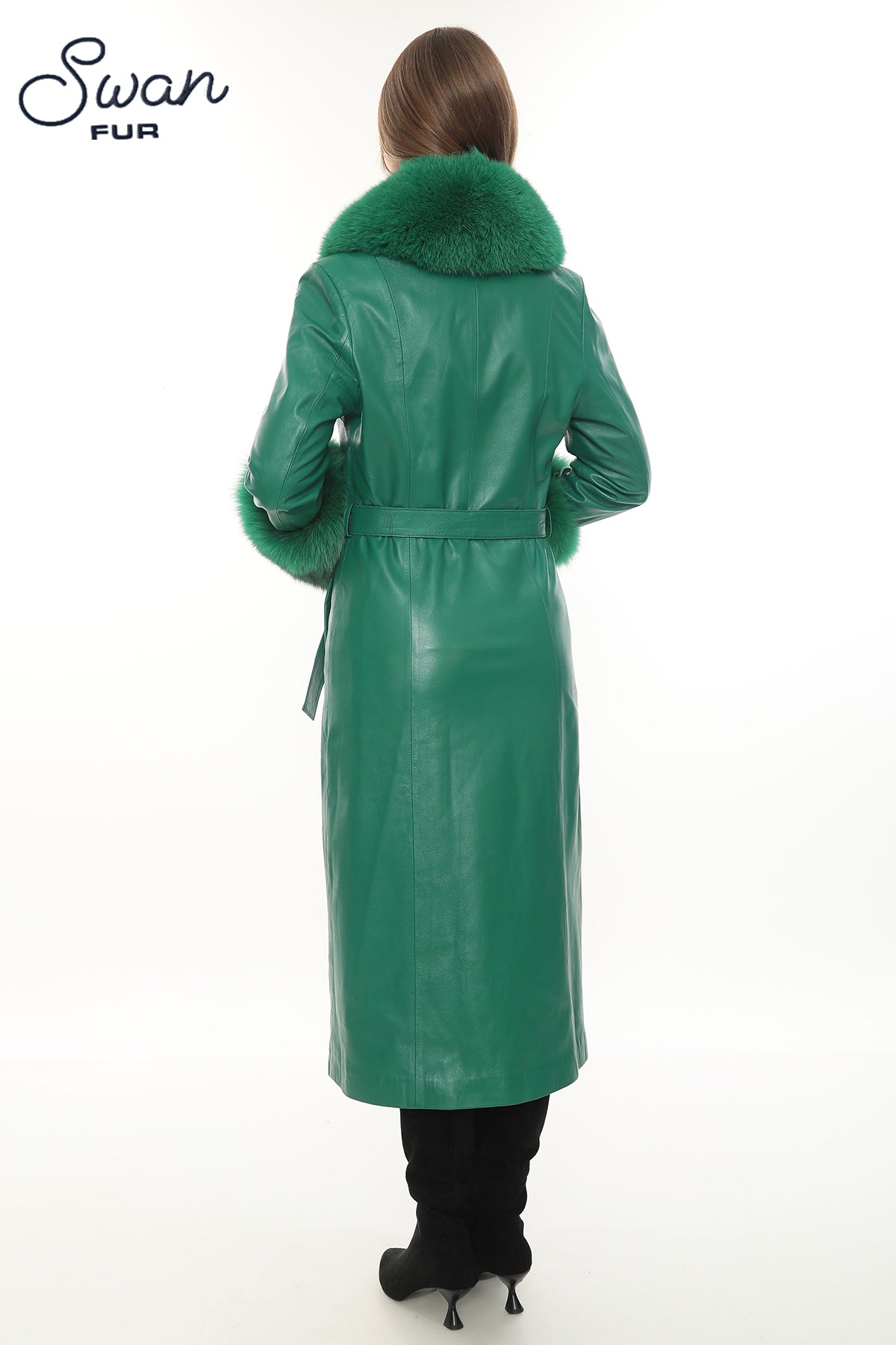 Green Leather Coat with Fox Fur Collar & Cuffs