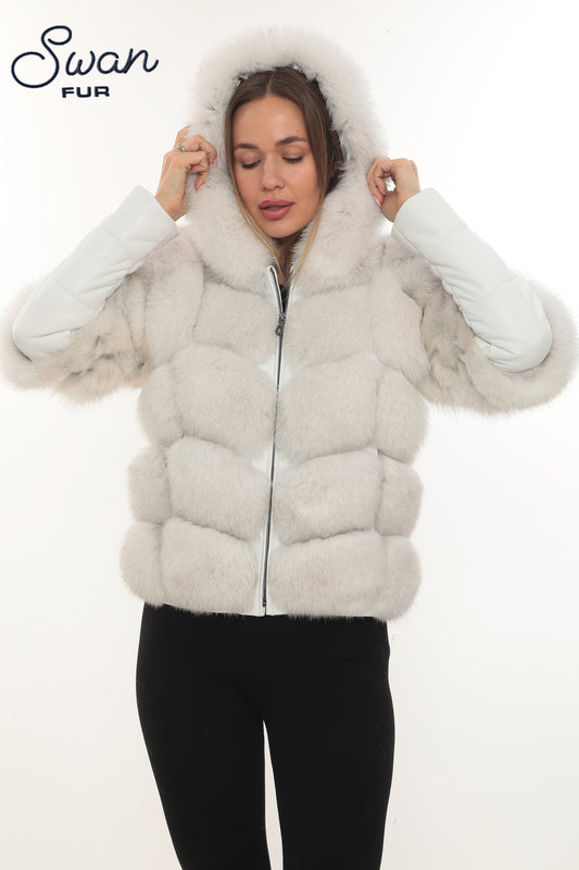 White Fox Fur Hooded Leather Jacket