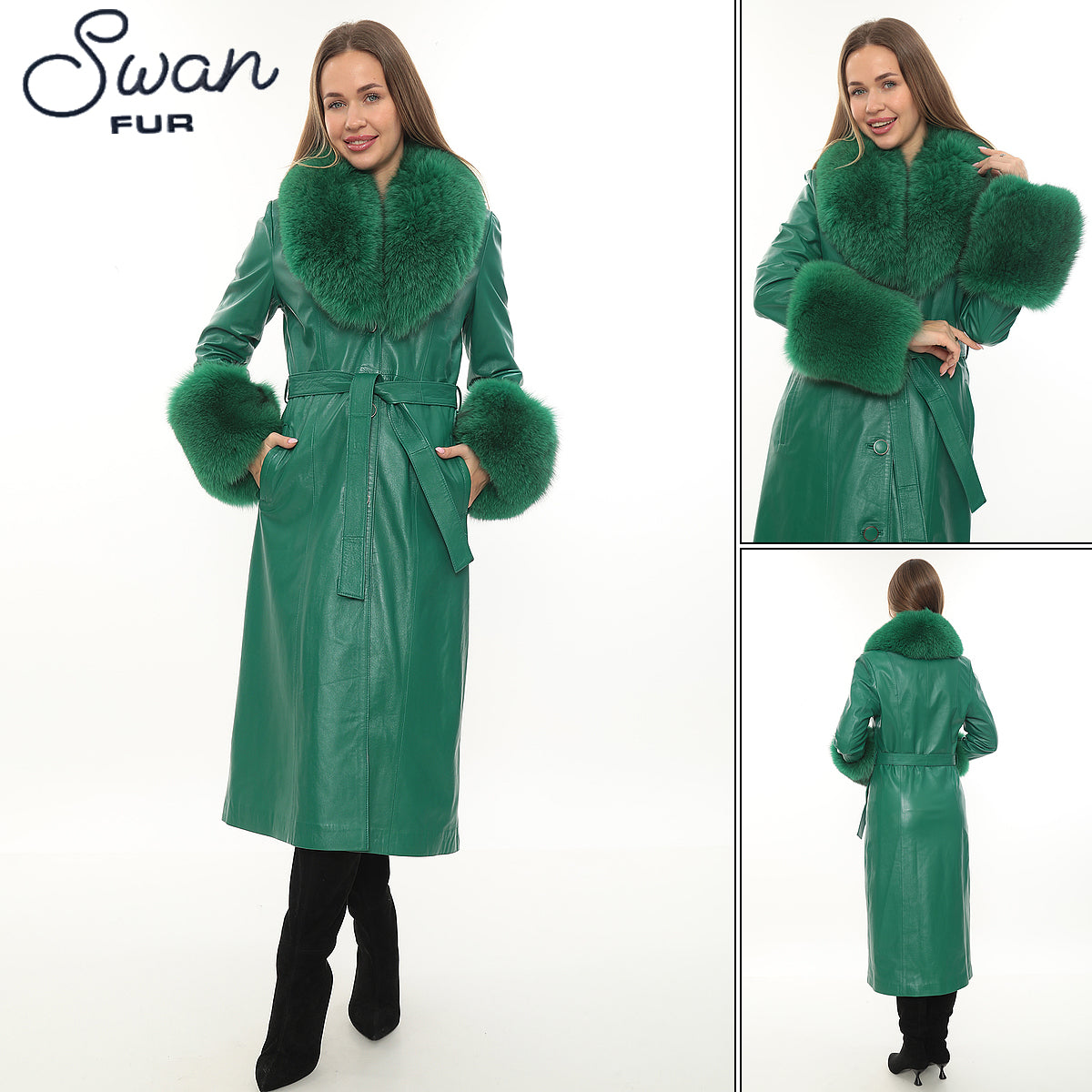 Green Leather Coat with Fox Fur Collar & Cuffs