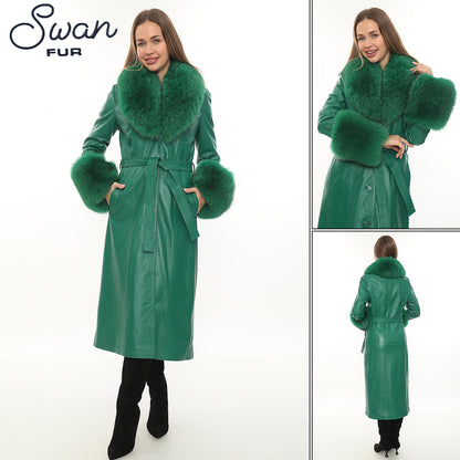 Green Leather Coat with Fox Fur Collar & Cuffs