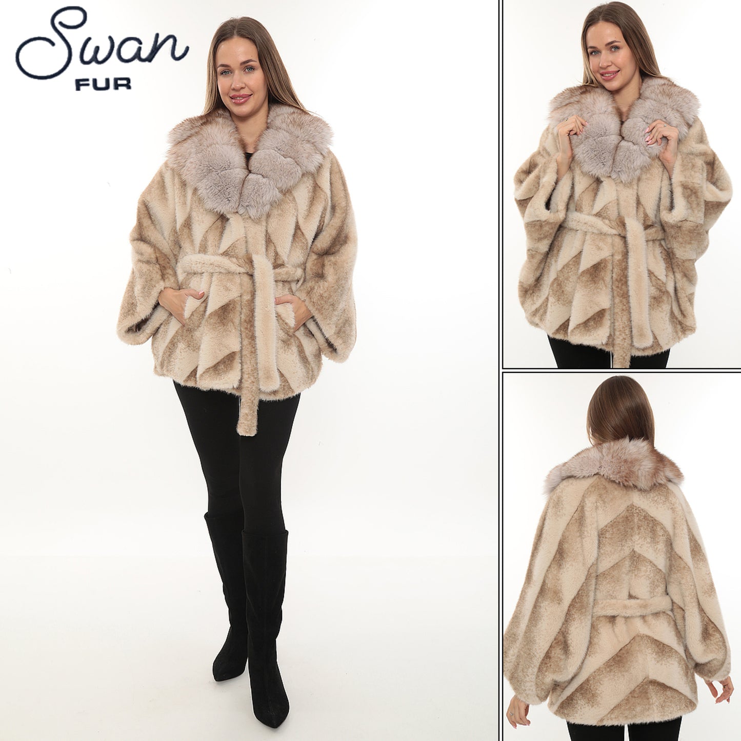 Swan Fur Alcantara Suni Kürk & Doğal Tilki Yaka Ceket