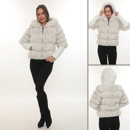 White Fox Fur Hooded Leather Jacket