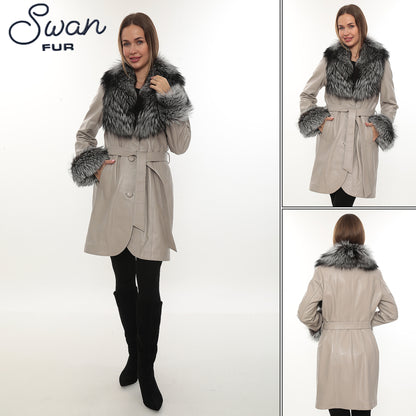 Beige Genuine Leather Coat with Natural Silver Fox Fur Collar & Cuffs