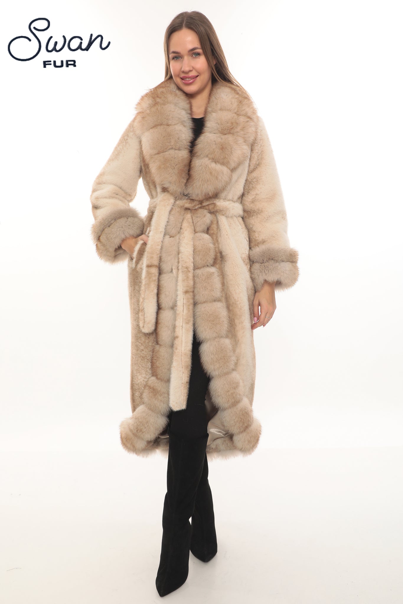 Alcantara & Natural Fox Fur Long Coat