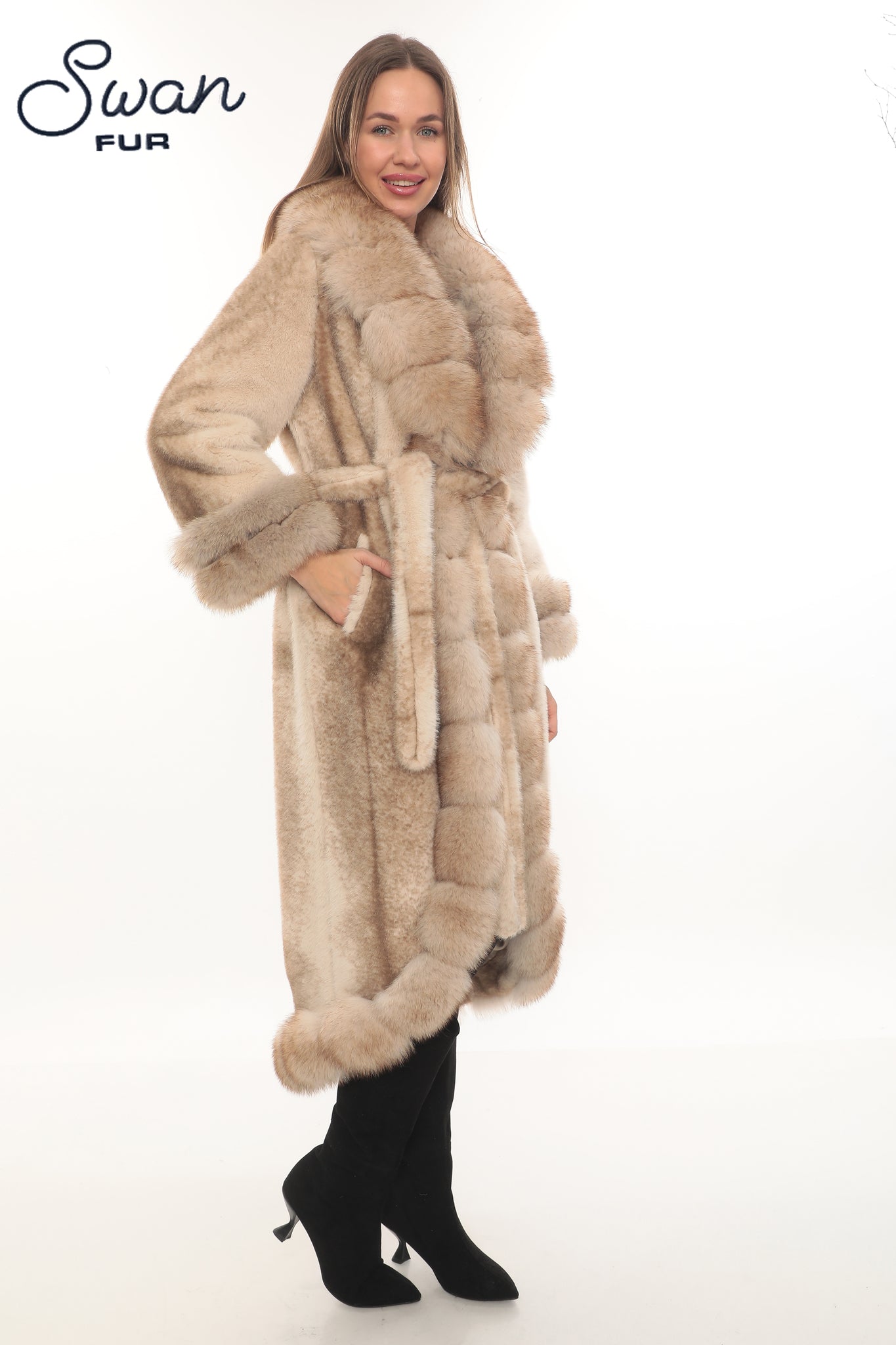 Alcantara & Natural Fox Fur Long Coat
