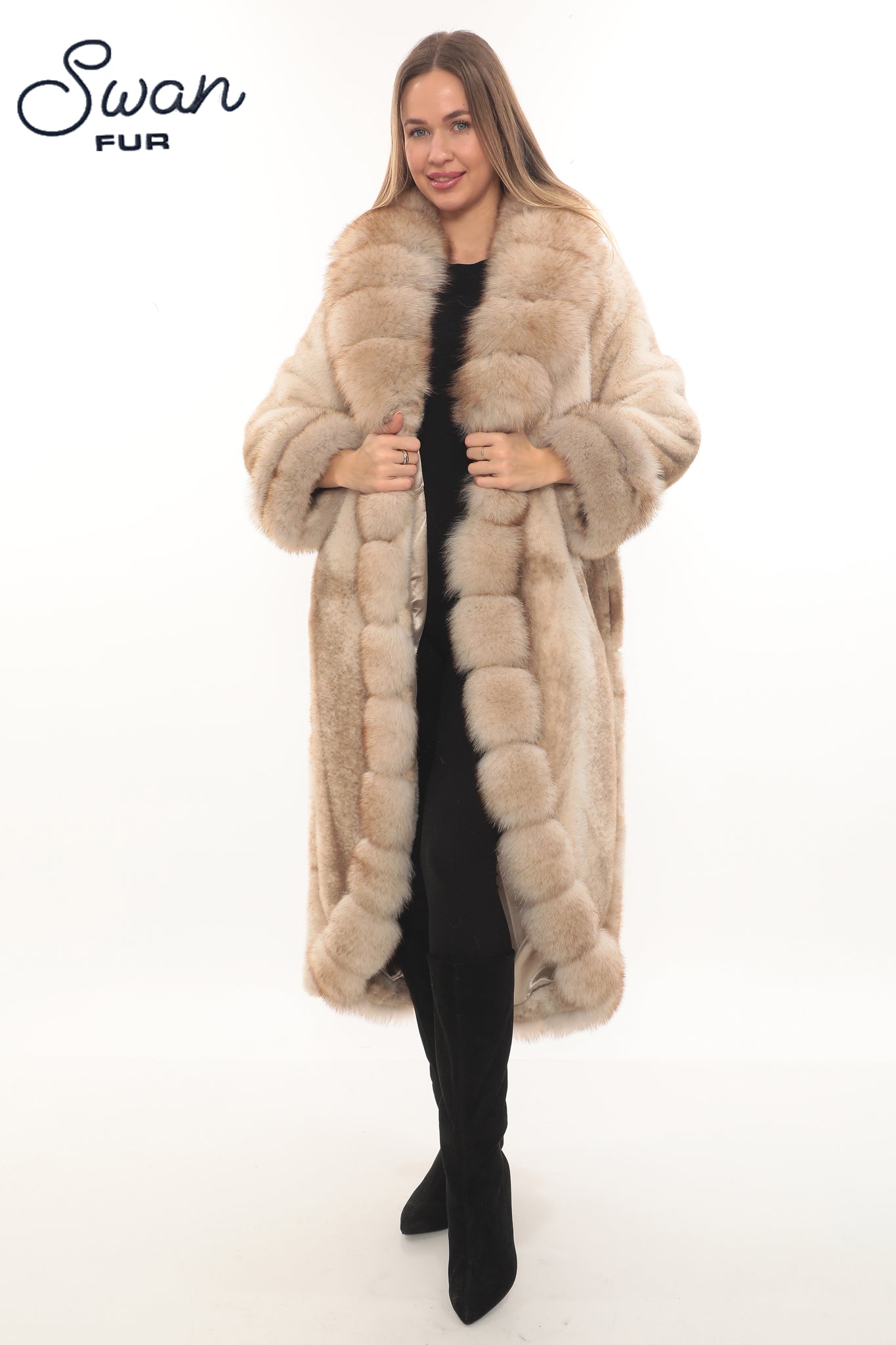 Alcantara & Natural Fox Fur Long Coat