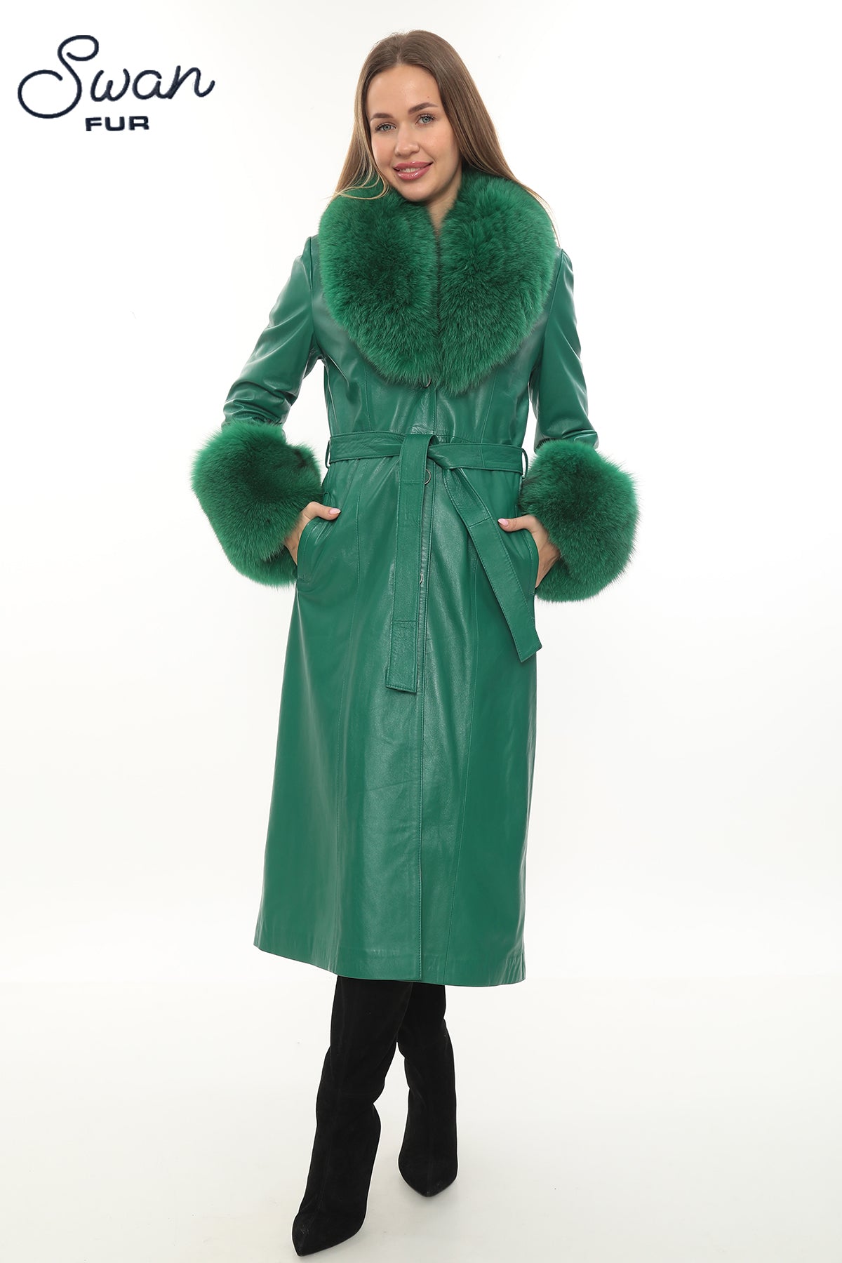 Green Leather Coat with Fox Fur Collar & Cuffs