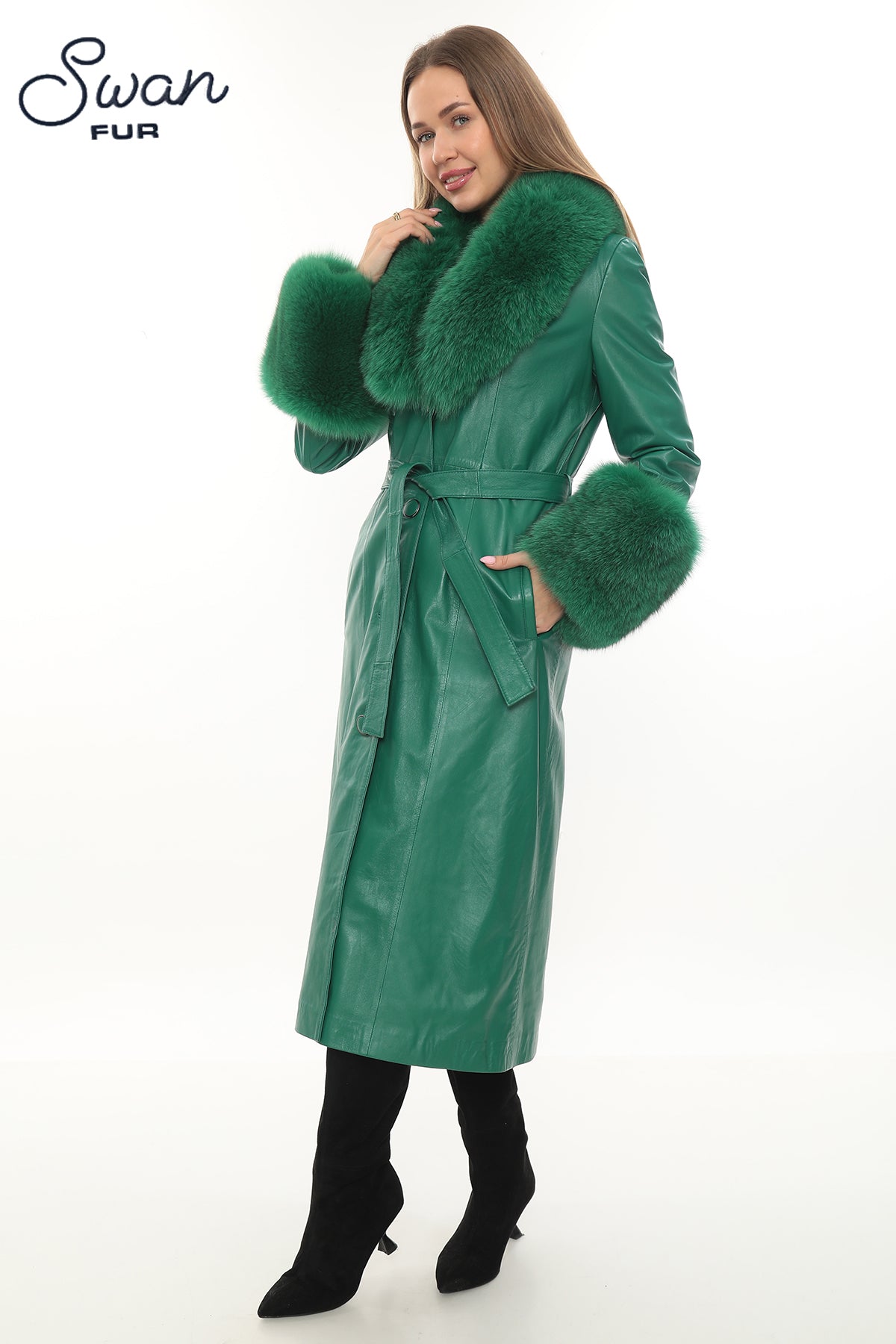 Green Leather Coat with Fox Fur Collar & Cuffs