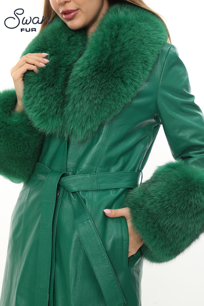 Green Leather Coat with Fox Fur Collar & Cuffs