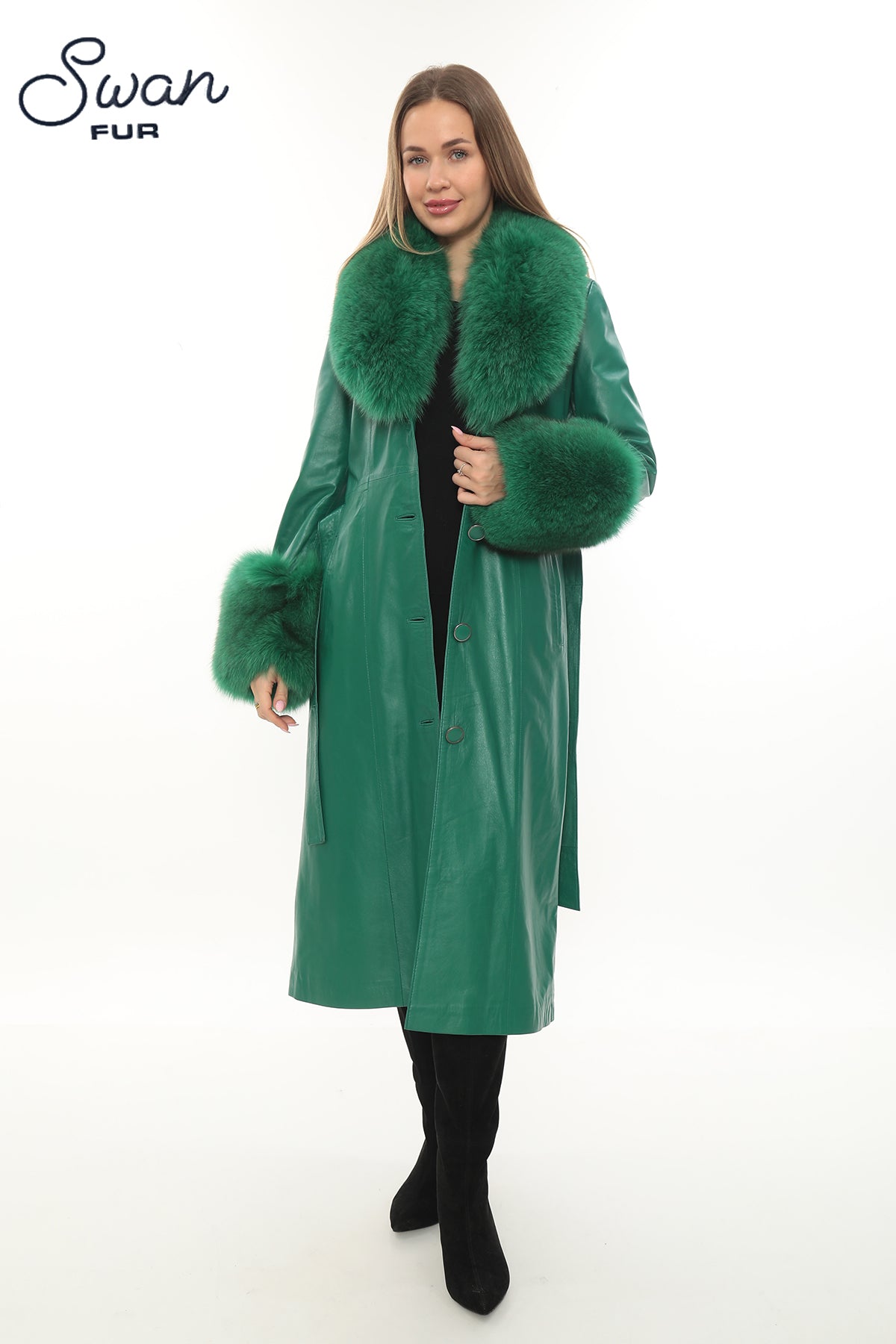 Green Leather Coat with Fox Fur Collar & Cuffs