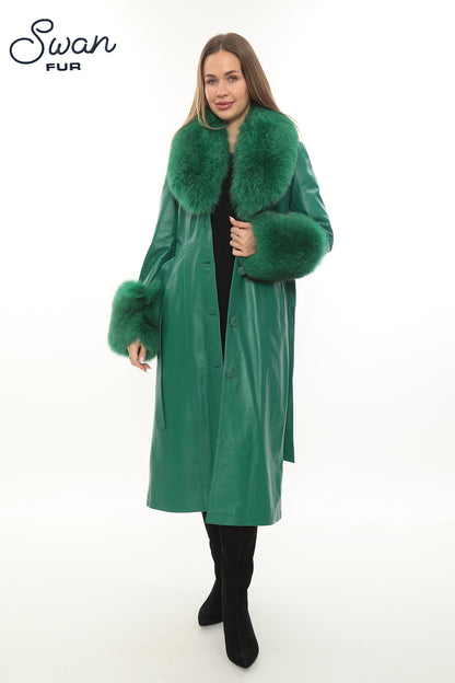 Green Leather Coat with Fox Fur Collar & Cuffs