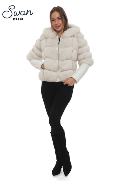 White Fox Fur Hooded Leather Jacket