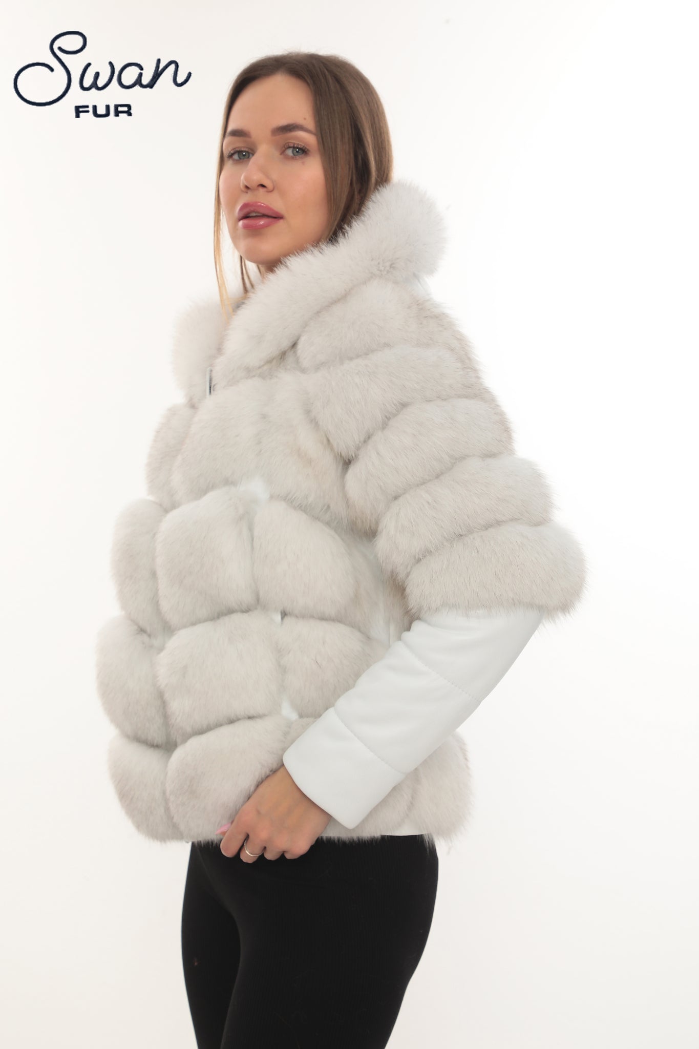 White Fox Fur Hooded Leather Jacket