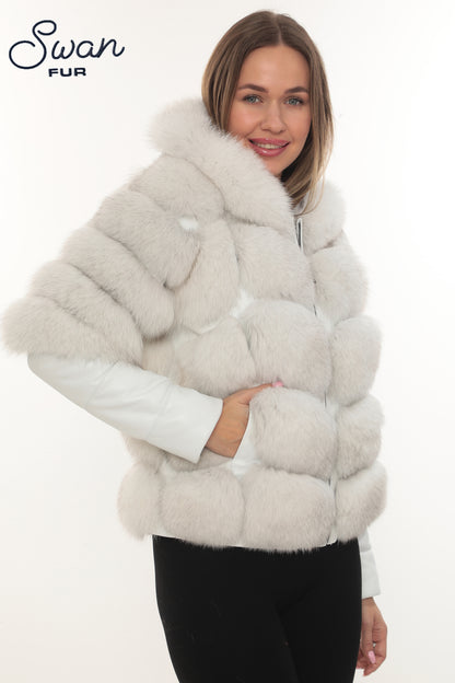 White Fox Fur Hooded Leather Jacket