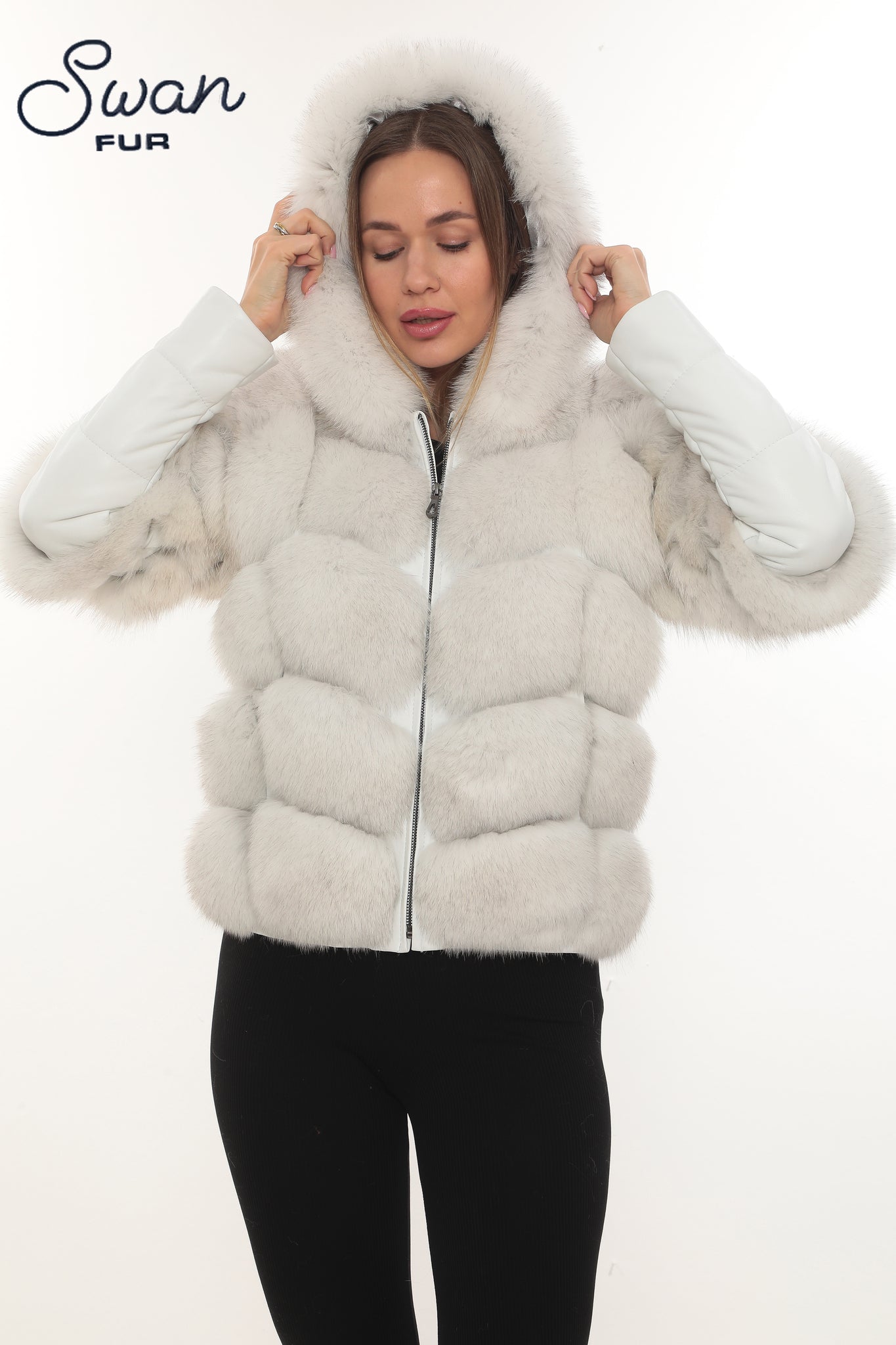 White Fox Fur Hooded Leather Jacket