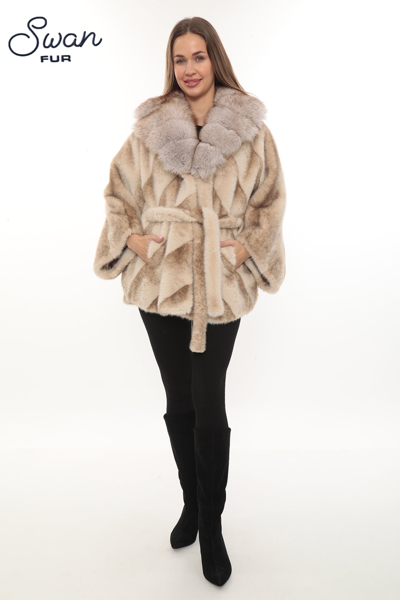 Swan Fur Alcantara Suni Kürk & Doğal Tilki Yaka Ceket