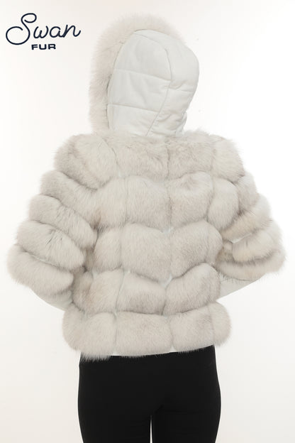 White Fox Fur Hooded Leather Jacket