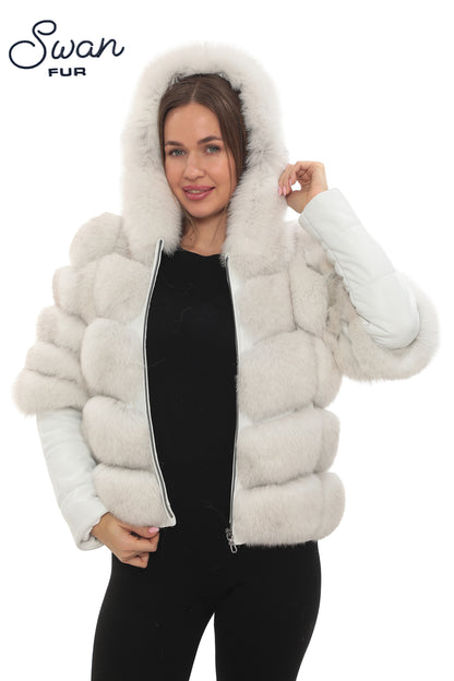 White Fox Fur Hooded Leather Jacket