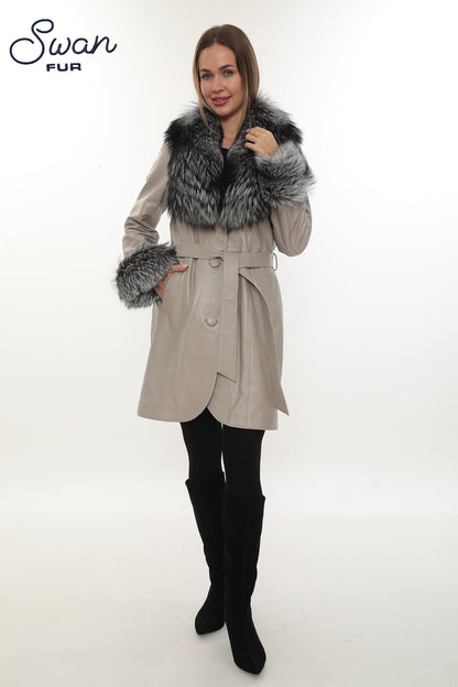 Beige Genuine Leather Coat with Natural Silver Fox Fur Collar & Cuffs