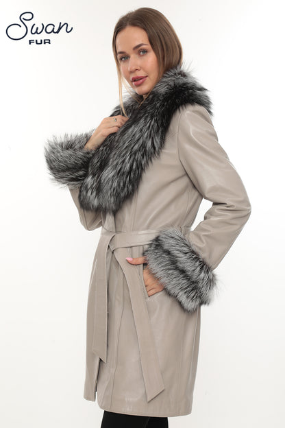 Beige Genuine Leather Coat with Natural Silver Fox Fur Collar & Cuffs