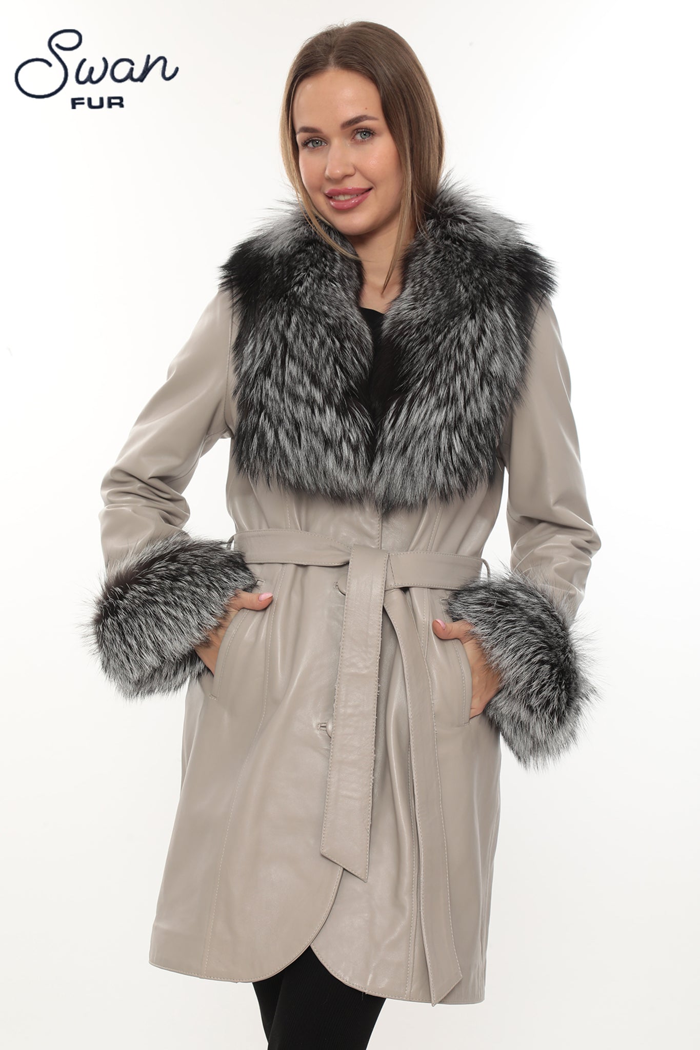 Beige Genuine Leather Coat with Natural Silver Fox Fur Collar & Cuffs
