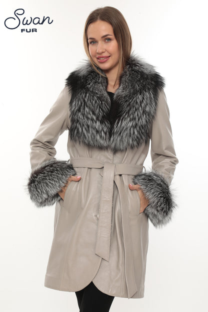 Beige Genuine Leather Coat with Natural Silver Fox Fur Collar & Cuffs