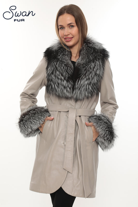 Beige Genuine Leather Coat with Natural Silver Fox Fur Collar & Cuffs