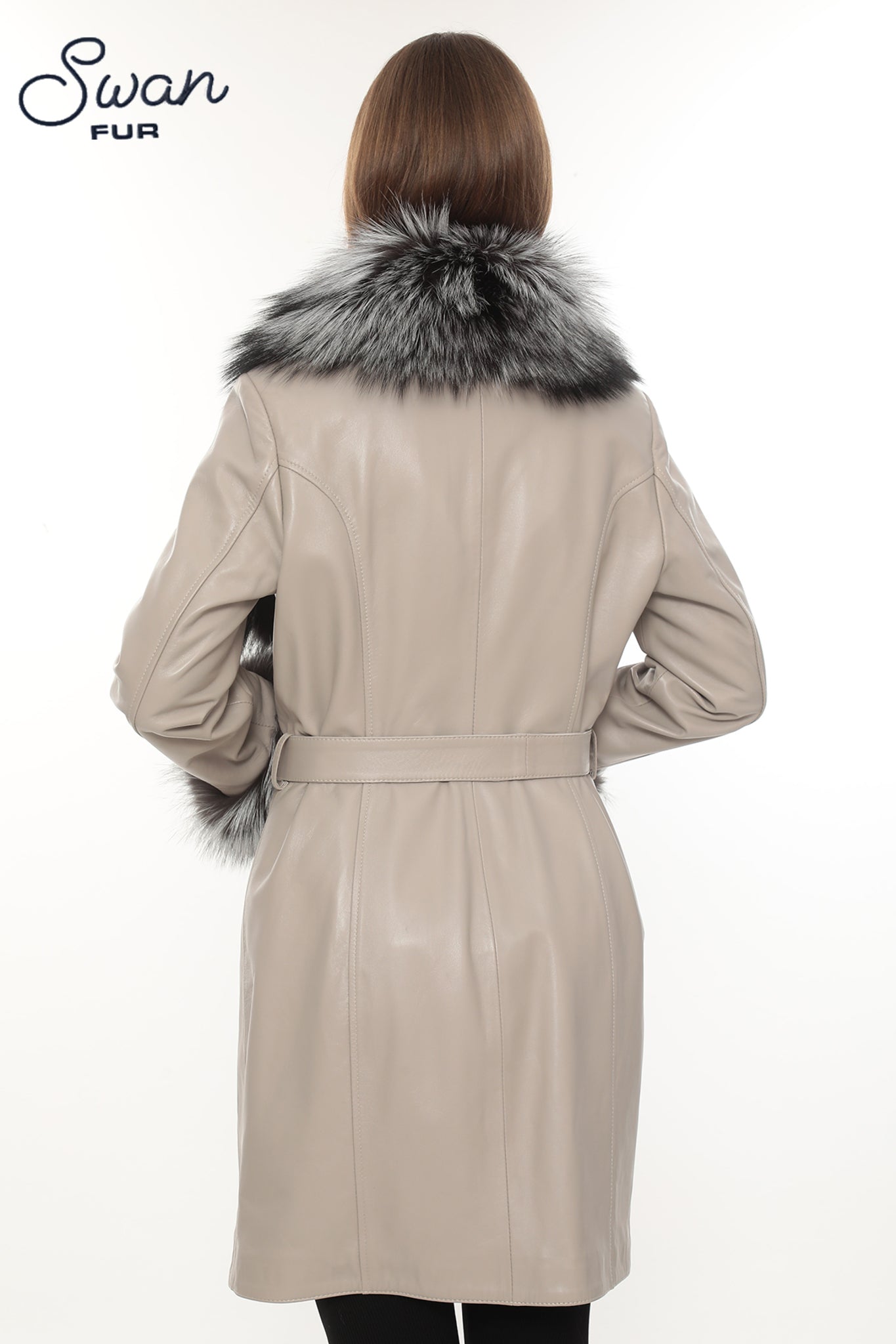 Beige Genuine Leather Coat with Natural Silver Fox Fur Collar & Cuffs