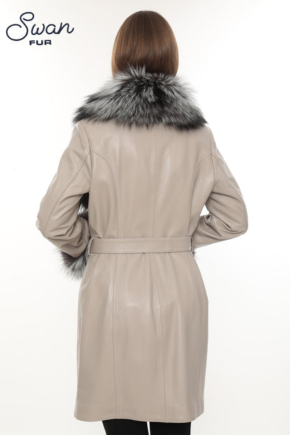 Beige Genuine Leather Coat with Natural Silver Fox Fur Collar & Cuffs