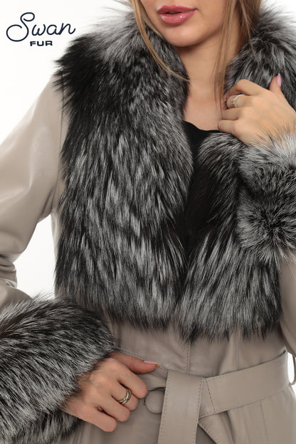Beige Genuine Leather Coat with Natural Silver Fox Fur Collar & Cuffs