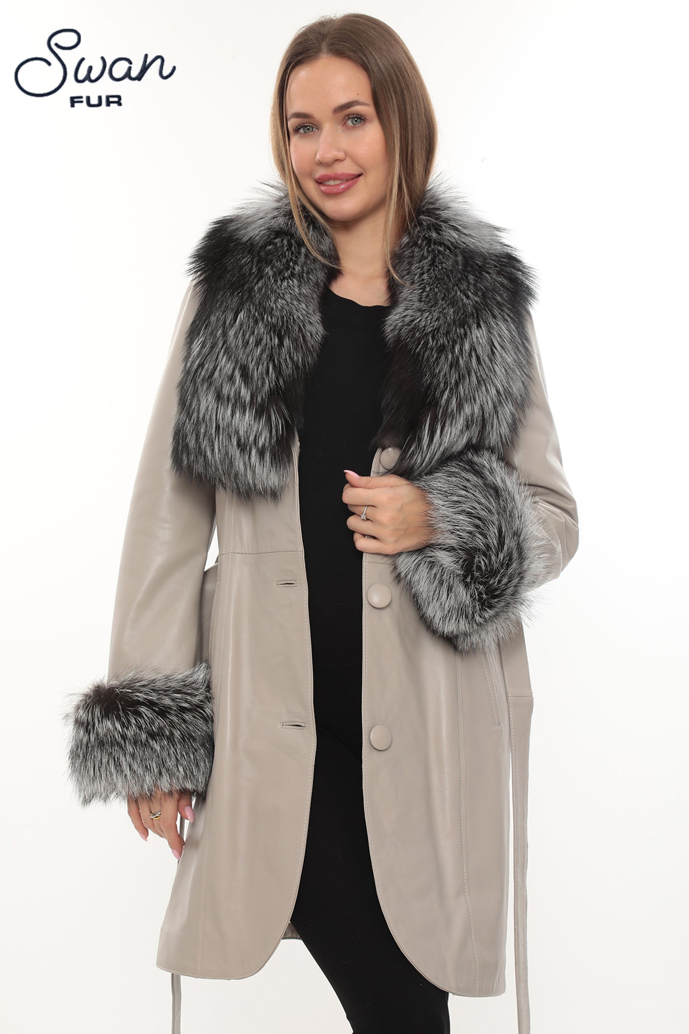 Beige Genuine Leather Coat with Natural Silver Fox Fur Collar & Cuffs