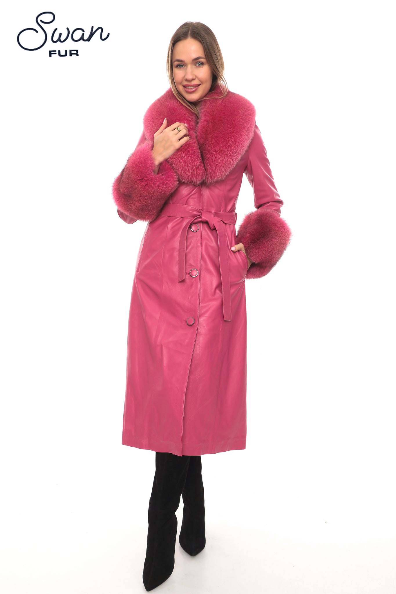 Fuchsia Fox Fur Collar Leather Coat
