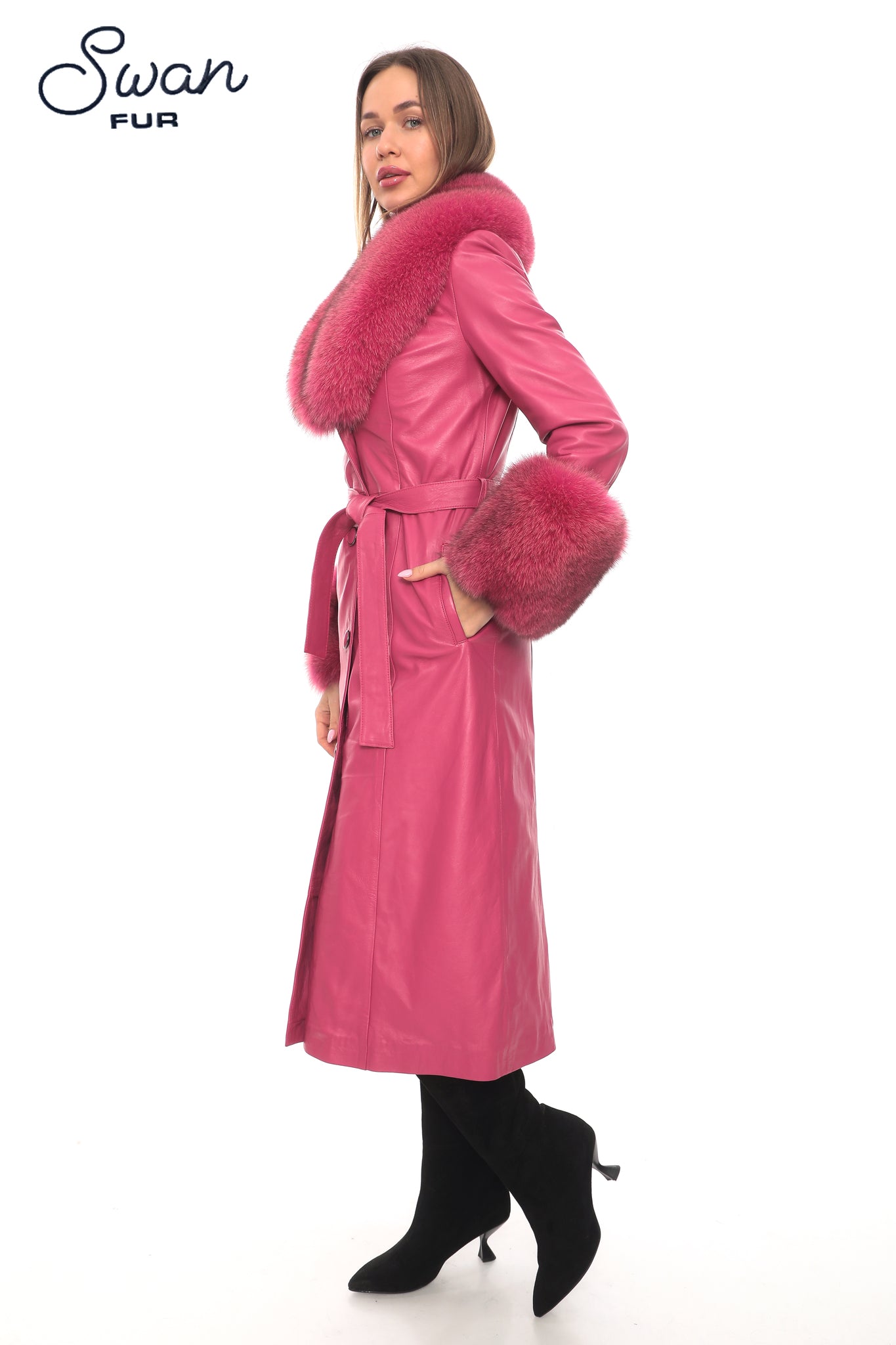 Fuchsia Fox Fur Collar Leather Coat