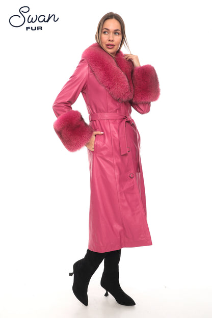 Fuchsia Fox Fur Collar Leather Coat