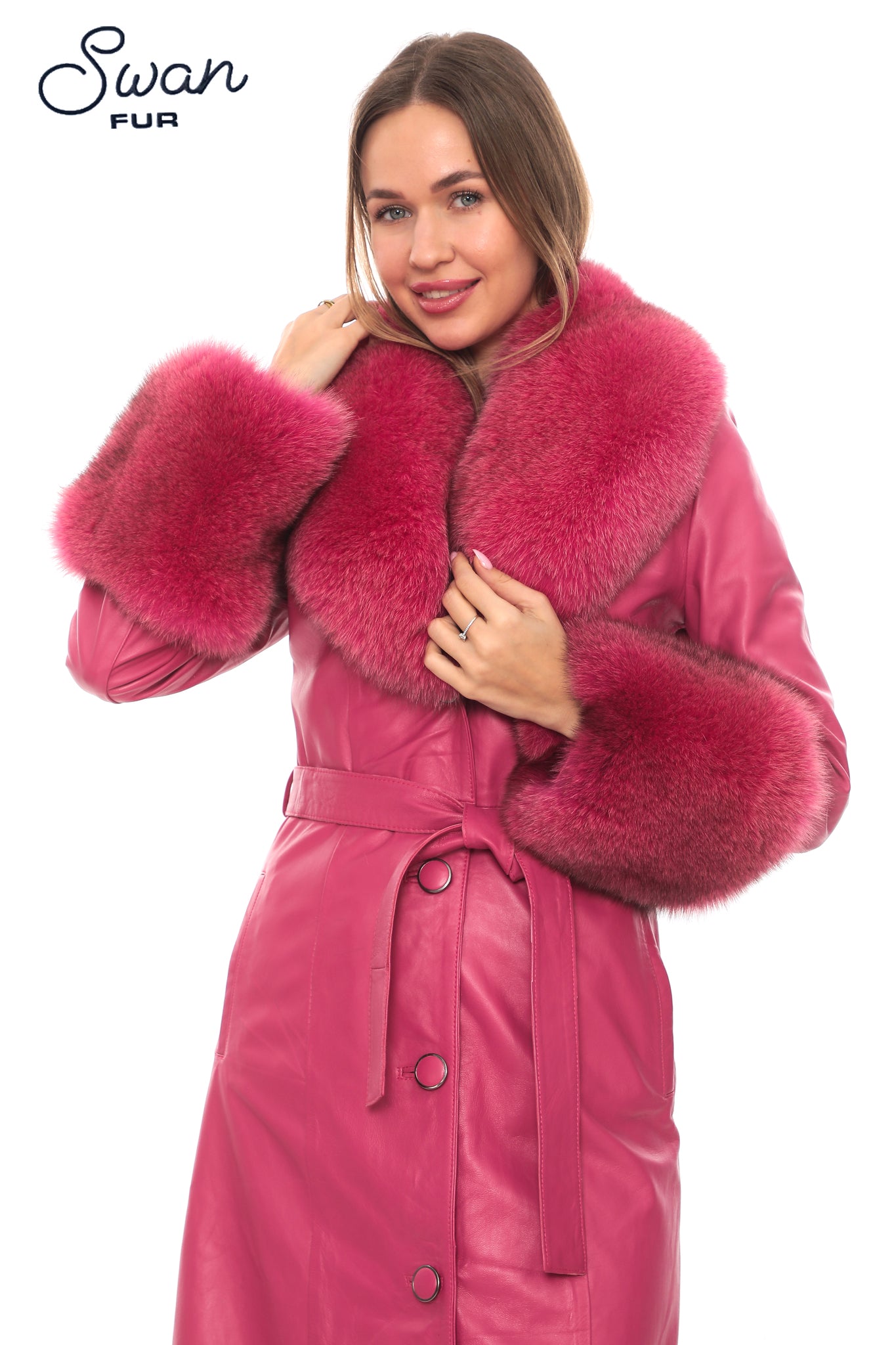 Fuchsia Fox Fur Collar Leather Coat