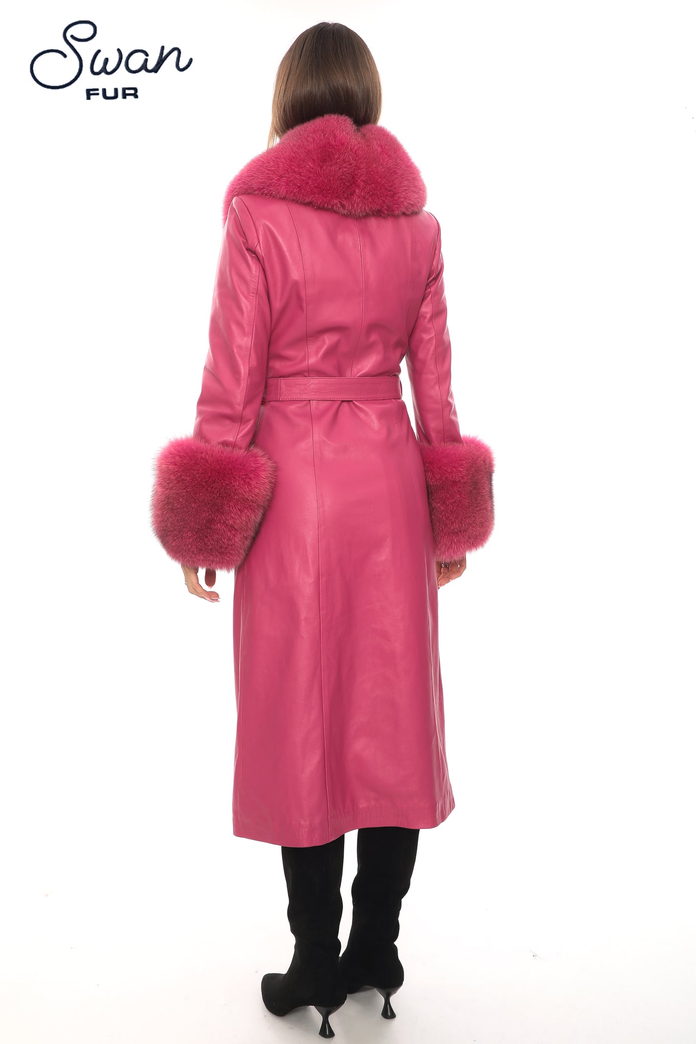 Fuchsia Fox Fur Collar Leather Coat