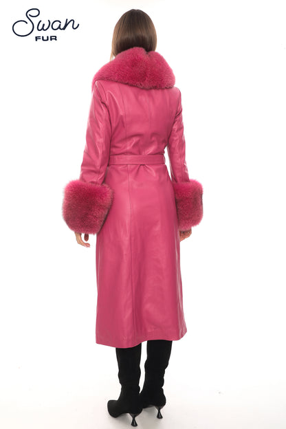 Fuchsia Fox Fur Collar Leather Coat