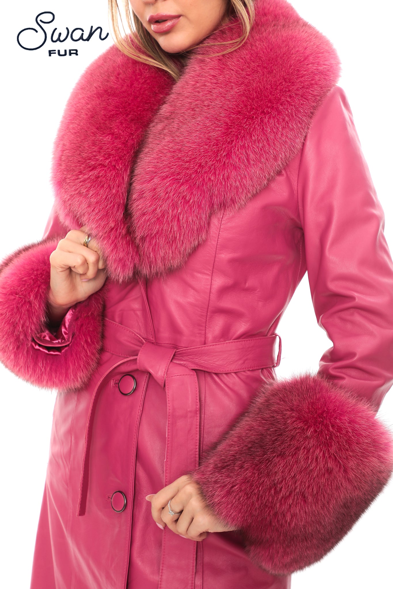Fuchsia Fox Fur Collar Leather Coat