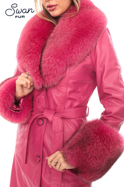 Fuchsia Fox Fur Collar Leather Coat