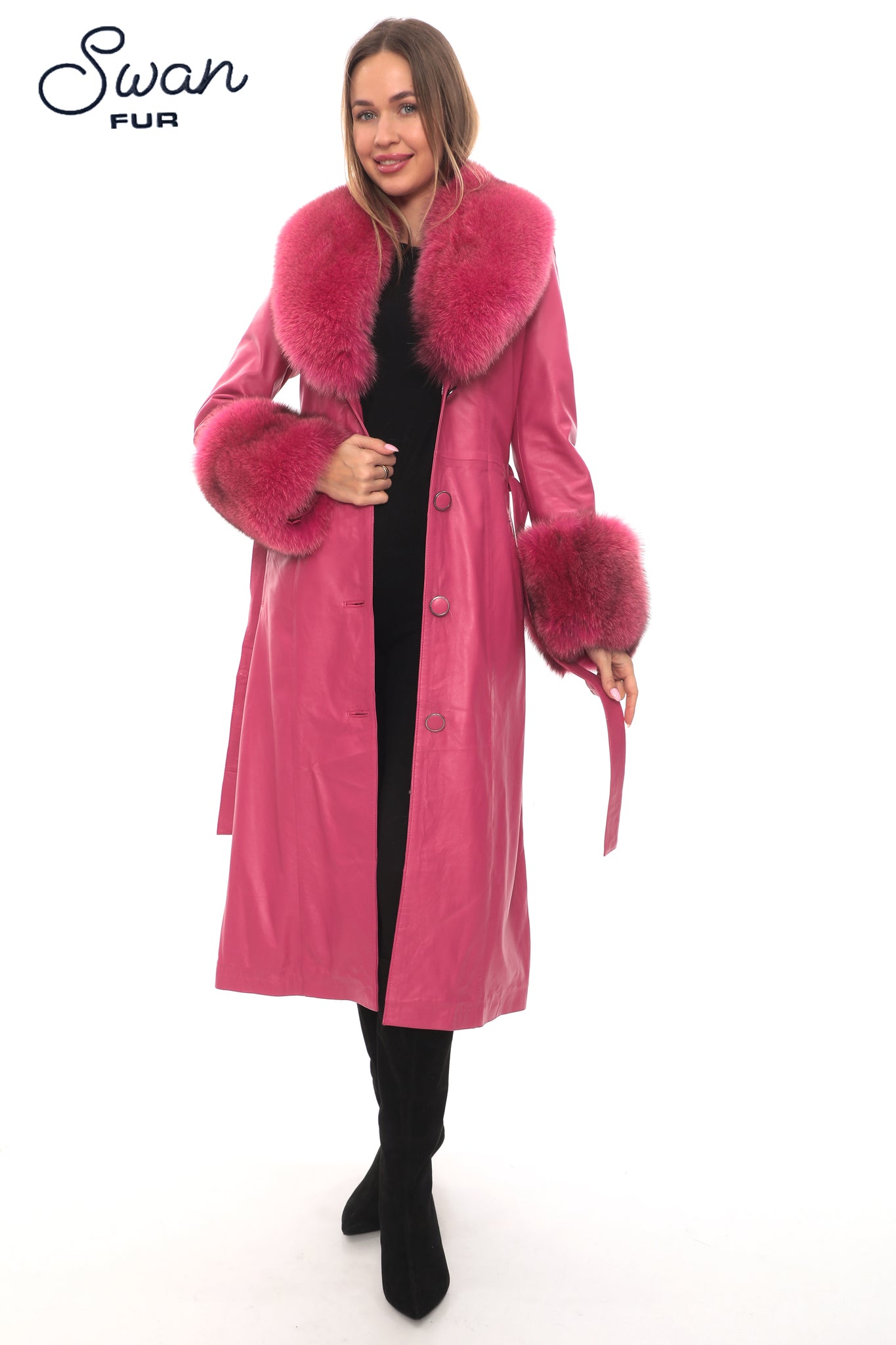Fuchsia Fox Fur Collar Leather Coat