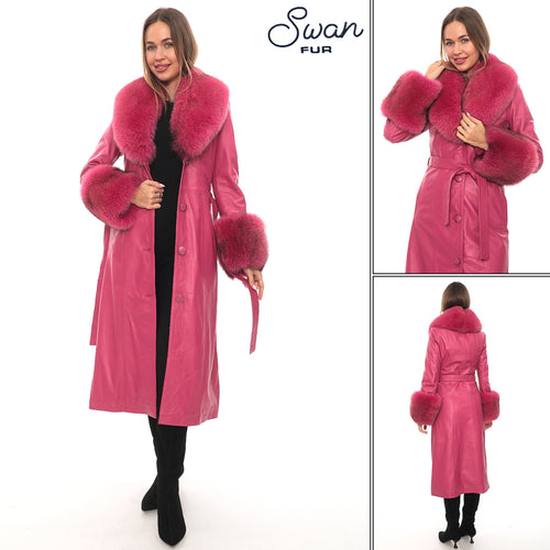 Fuchsia Fox Fur Collar Leather Coat