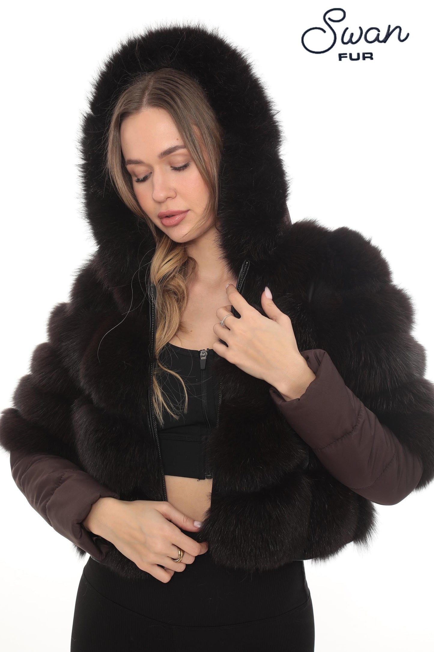 Genuine Fox Fur Hooded Jacket, Detachable Sleeves, Satin Lined Short Coat