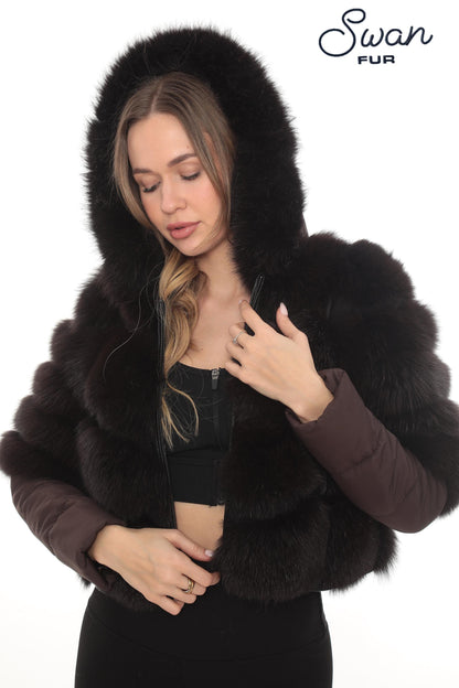 Genuine Fox Fur Hooded Jacket, Detachable Sleeves, Satin Lined Short Coat
