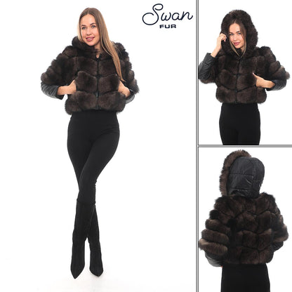 Genuine Fox Fur  Jacket, Detachable Fabric Sleeves, Satin Lined Coat