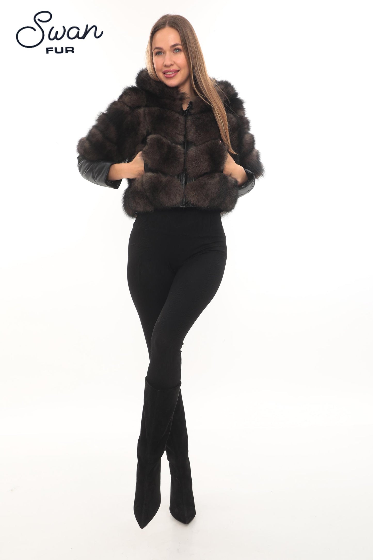 Genuine Fox Fur  Jacket, Detachable Fabric Sleeves, Satin Lined Coat
