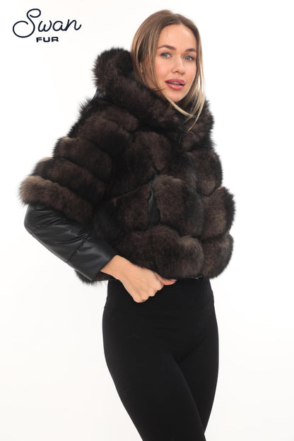 Genuine Fox Fur  Jacket, Detachable Fabric Sleeves, Satin Lined Coat