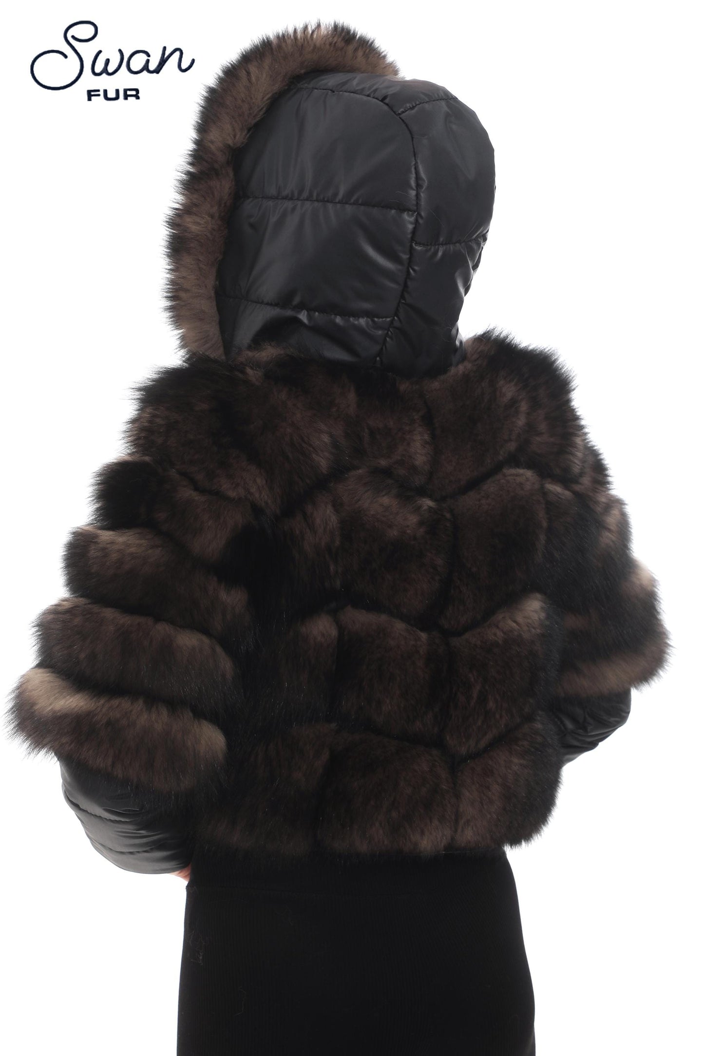 Genuine Fox Fur  Jacket, Detachable Fabric Sleeves, Satin Lined Coat