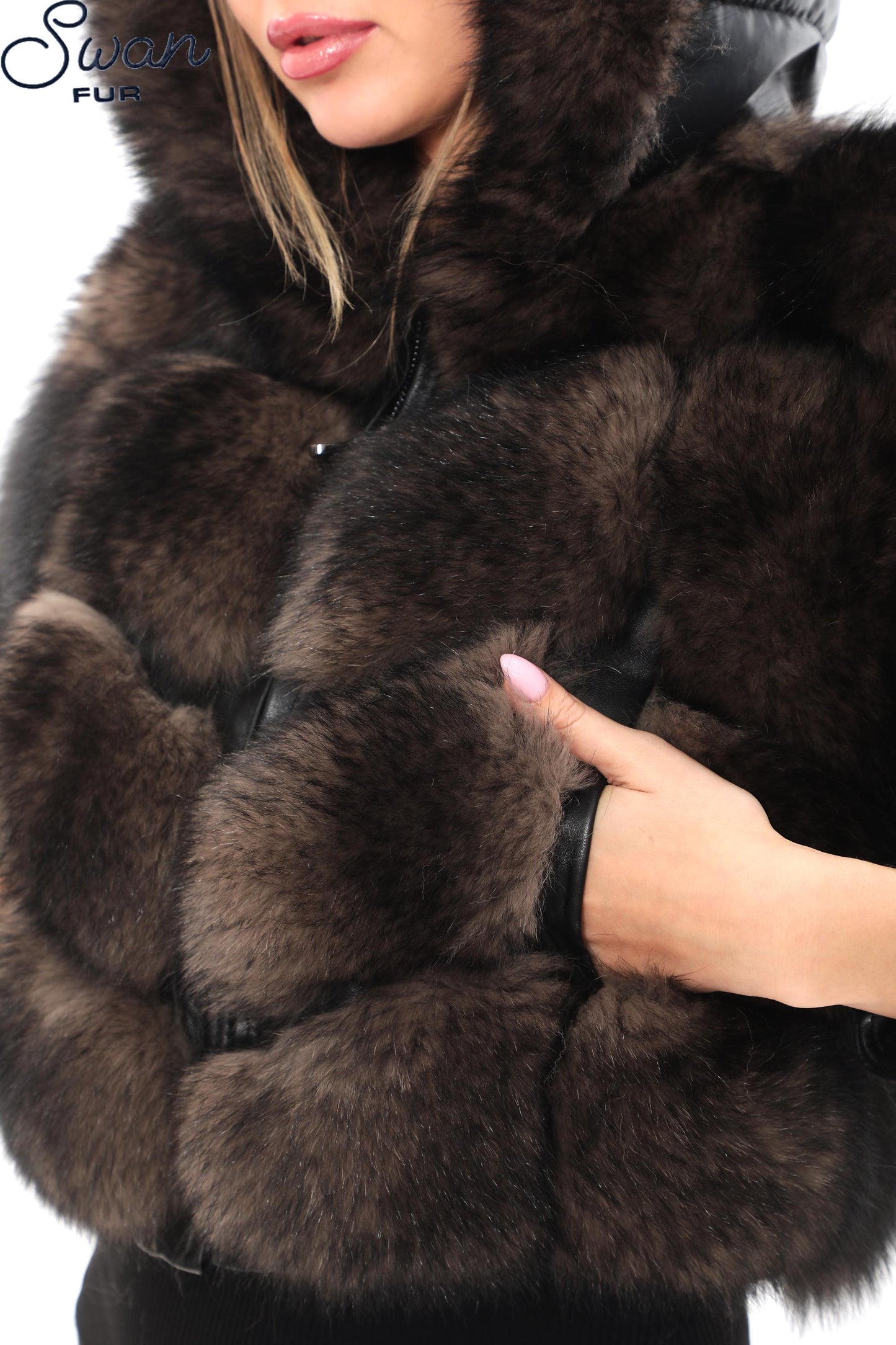 Genuine Fox Fur  Jacket, Detachable Fabric Sleeves, Satin Lined Coat