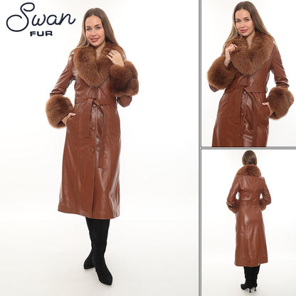 Brown Lambskin Leather Coat, Removable Fox Fur Collar Cuffs, Belted Winter Outerwear